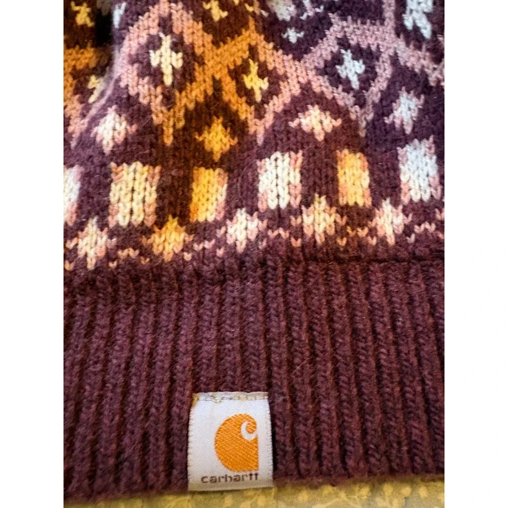 Carhartt Beanie Women OS Burgundy Excellent Fair Isle Knit Wool Blend Hat